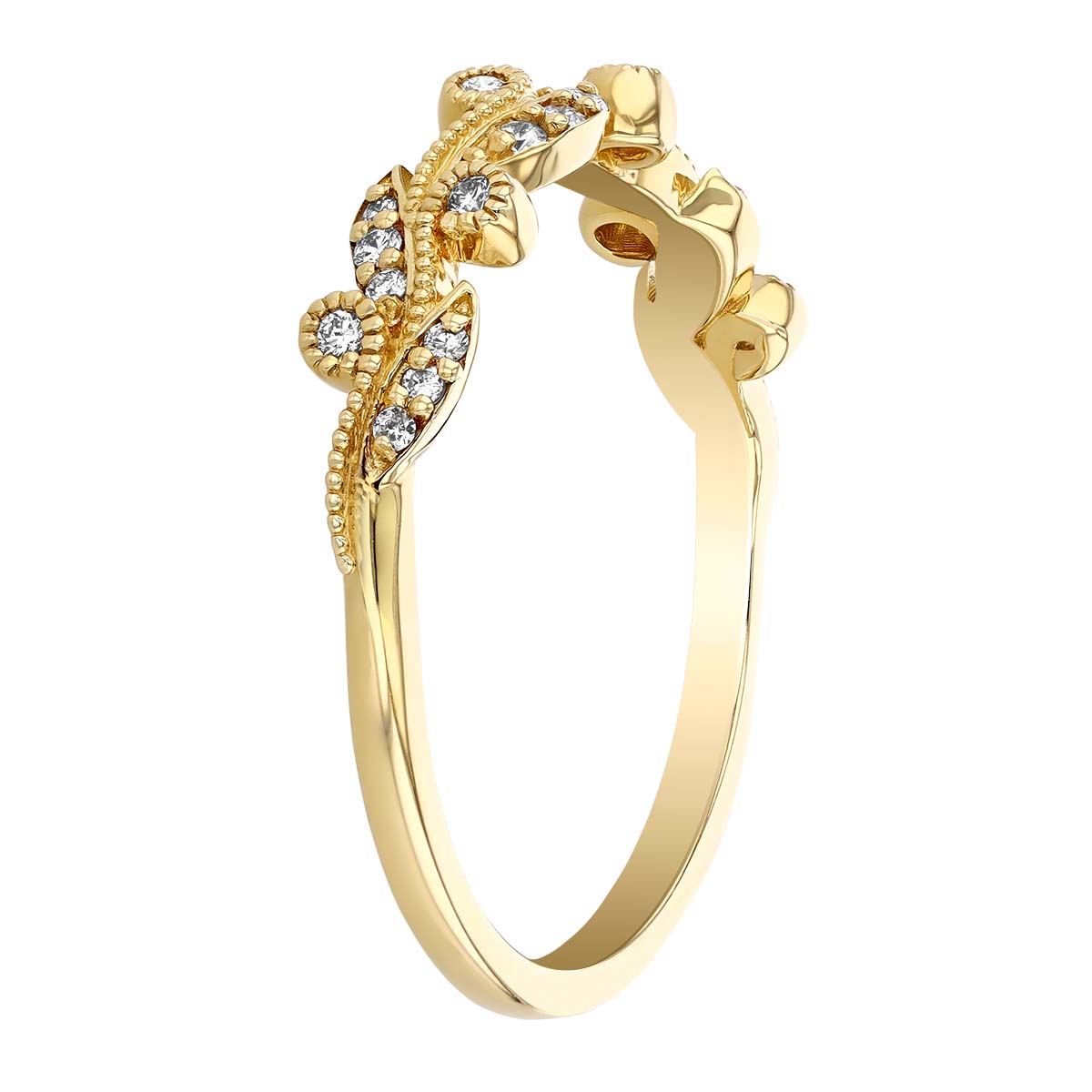 Diamond Milgrain Scrolled Leaf Pattern Wedding Band in Yellow Gold